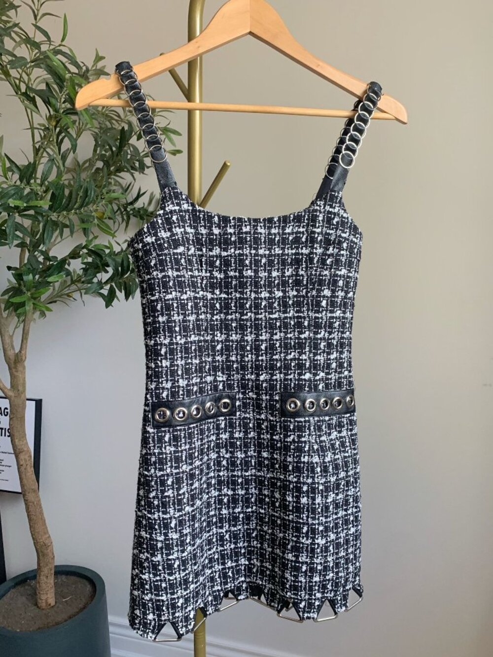French Style Tweed Mini Dress Leather Strap Edgy Chic S